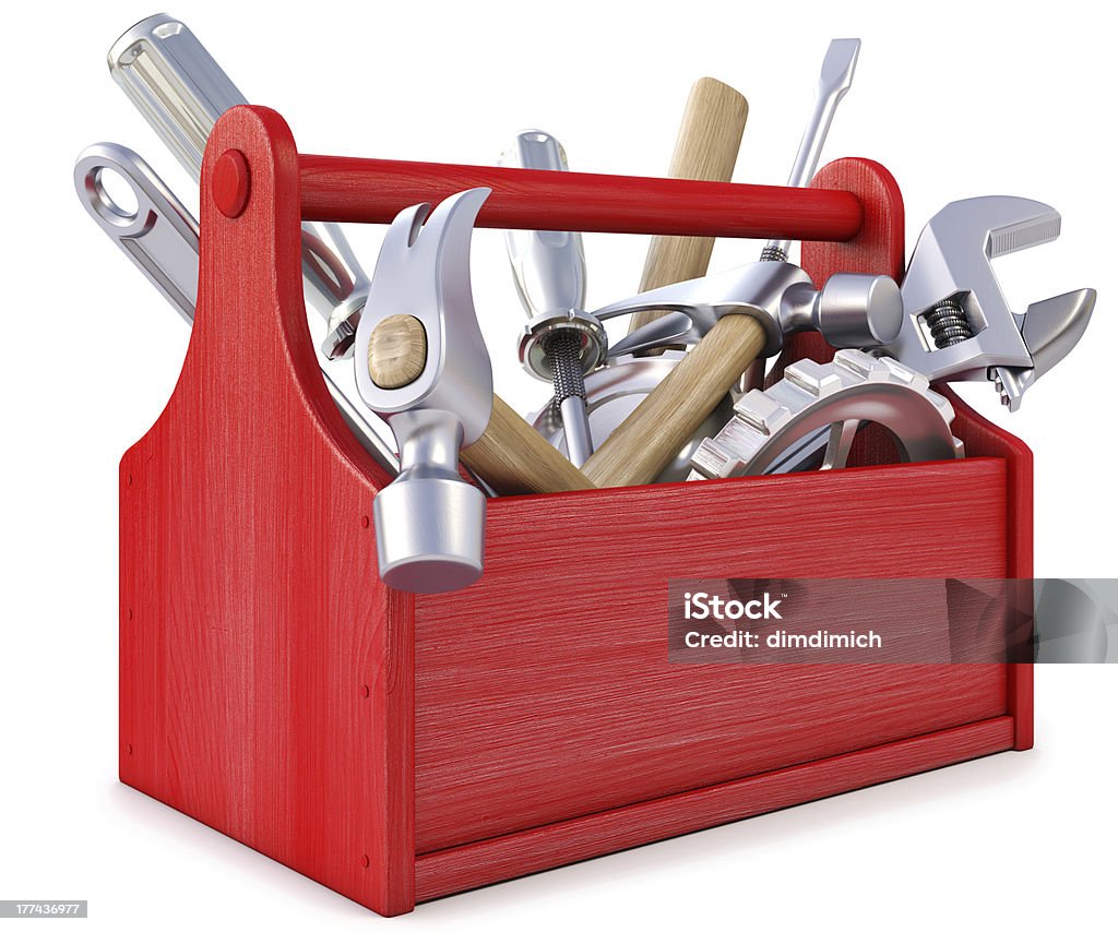 Red wooden toolbox with tools on white background wooden toolbox with tools. isolated on white. Toolbox Stock Photo