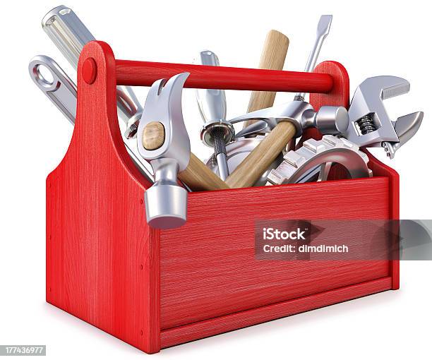 Red Wooden Toolbox With Tools On White Background Stock Photo - Download Image Now - Toolbox, Work Tool, White Background