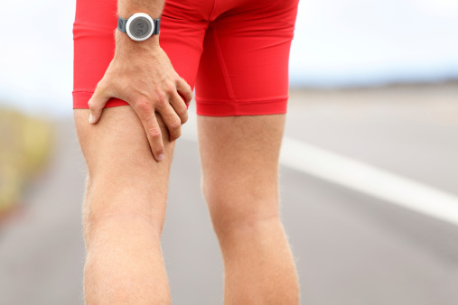 Hamstring sprain or cramps. Running sports injury with male triathlete runner. Click for more: