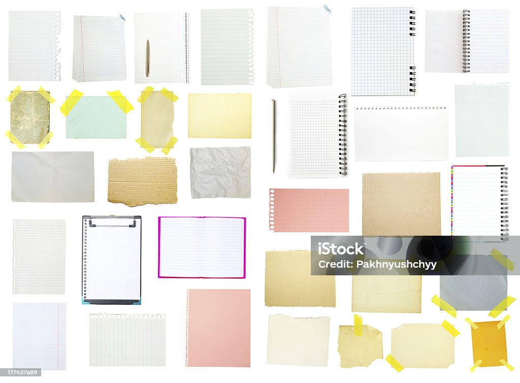 note paper collection of old note paper on white background. Adhesive Note Stock Photo