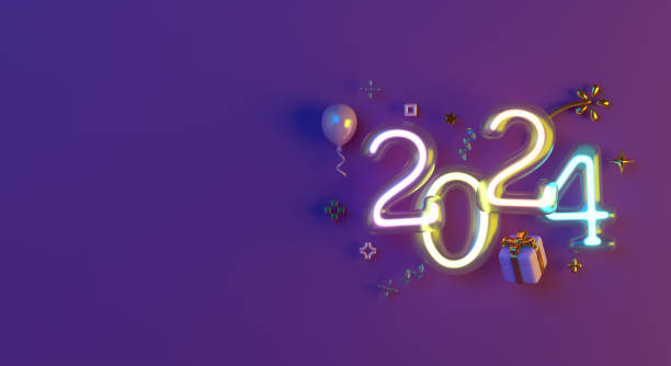 szczęśliwego nowego roku 2024 dekoracja tła z neonowym szkłem, balonem, pudełkiem upominkowym, ilustracją renderowania 3d - fabolous sign neon light day zdjęcia i obrazy z banku zdjęć