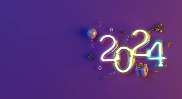 fundo da decoração do ano novo feliz 2024 com vidro neon, balão, caixa de presente, ilustração de renderização 3d - fabolous sign neon light day - fotografias e filmes do acervo