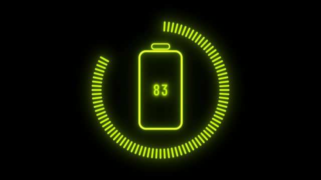 Charging battery animation with neon gradient. Battery with lightning percentage and charging circle, wireless electric charger. Inductive dock station for charging devices. Power station sign