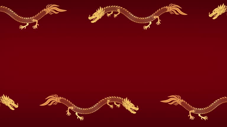 Animation of a traditional Chinese dragon flying along the frame, space for text in Chinese style for New Year greetings, Chinese New Year celebration. Golden serpent dragon on red background