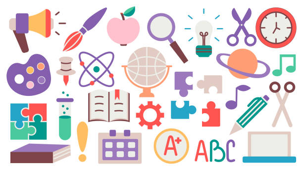 Back to school. A set of flat icons of stationery for studying at school. Collection of isolated education colorful kids accessory. vector object stuff design. cartoon graphic patch element children Back to school. A set of flat icons of stationery for studying at school. Collection of isolated education colorful kids accessory. vector object stuff design. cartoon graphic patch element children. school pa system stock illustrations