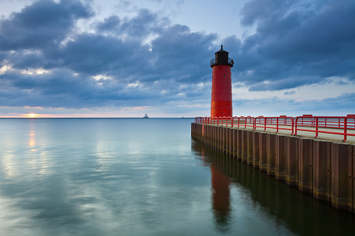 Seascape of Milwaukee Lighthouse with flat calm sea 
