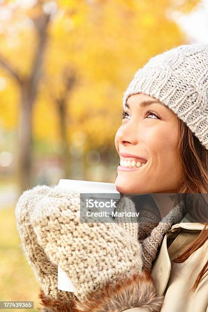 Autumn Woman Drinking Coffee Stock Photo - Download Image Now - 20-29 Years, Adult, Adults Only