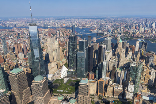 Aerial view of the World Trade Center, Financial District and East River, Manhattan, New York, USA