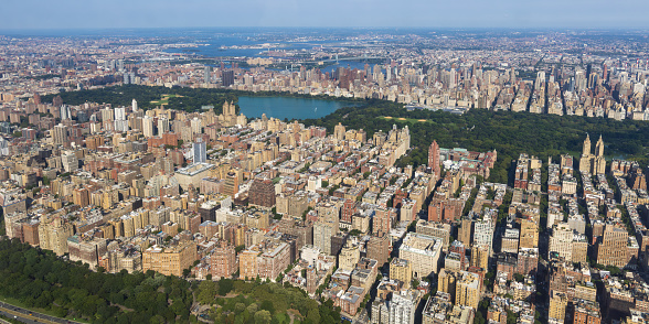 Helicopter view of Central Park and Upper West Side Manhattan, New York City, USA