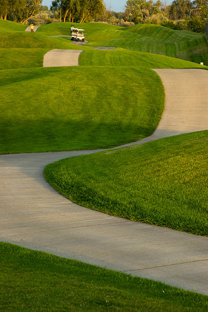 Golf Carts come down Paths In the Course Fairway Two golfers approach the ninth hole country club stock pictures, royalty-free photos & images