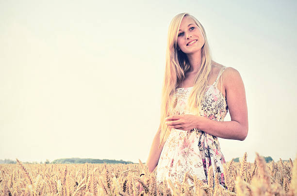 Young woman in wheat fied at early sunset stock photo