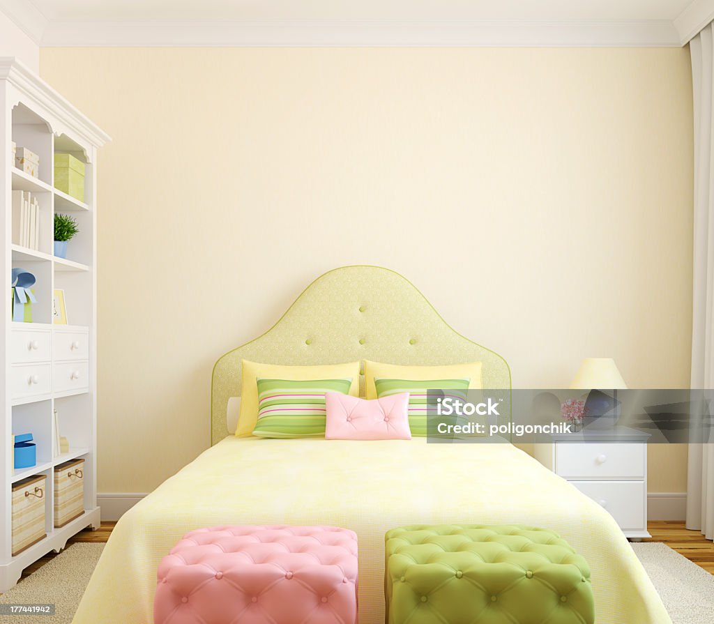 Interior of a bedroom with white and pastel furniture Colorful bedroom  interior for girl. Frontal view. 3d render. Bookshelf Stock Photo