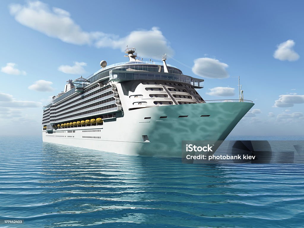 Lone cruise ship sitting on rippled blue waters of the sea cruise ship Cruise Ship Stock Photo