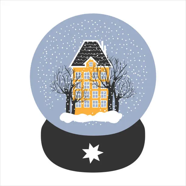 Vector illustration of Snowglobe with house and trees. Merry Christmas. New Year.