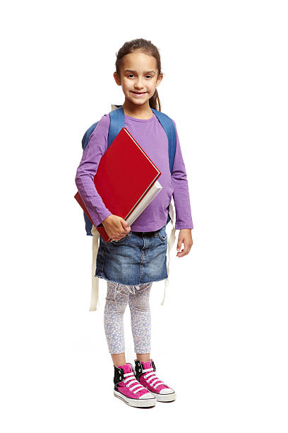 istock 8 year old school girl with backpack on white background 177442679