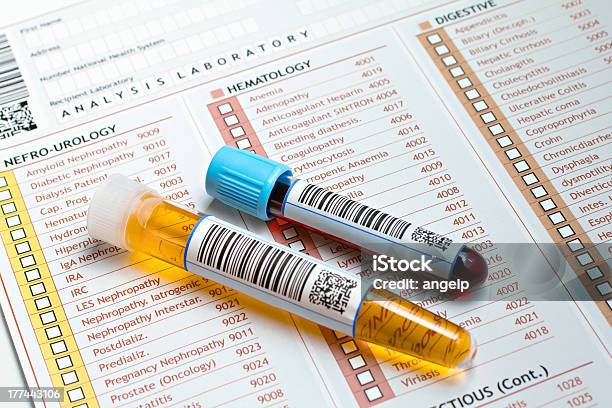Medical Report With Tubes Of Blood And Urine Stock Photo - Download Image Now - Urine Sample, Medical Exam, Urine