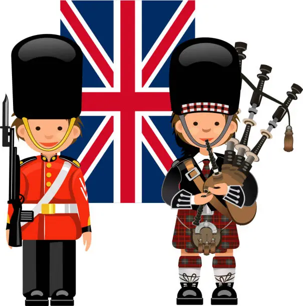 Vector illustration of A Royal Guard & Scottish bagpiper. British flag