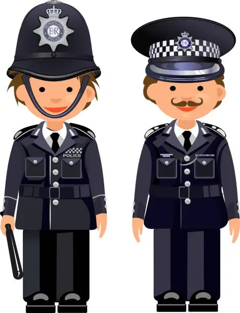 Vector illustration of British metropolitan police officers. Traditional authentic helmet