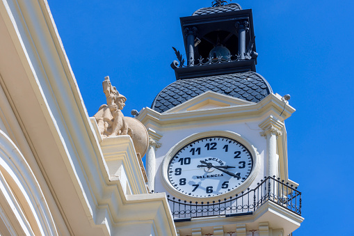 Caxias do Sul, Rio Grande do Sul, Brazil - Aug 13th, 2022: Clock tower on the Eberle building in Caxias do Sul city center