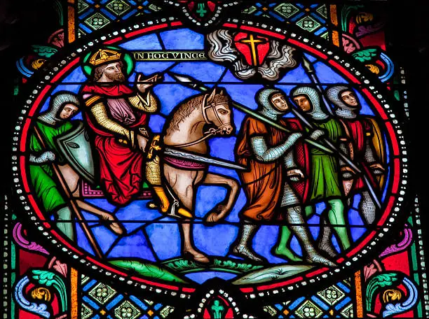 "Crusaders of the First Crusade (11th Century) on their way to Jerusalem. This window is located in the cathedral of Brussels and was created in 1866, no property release is required."