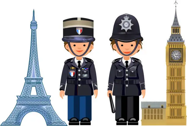 Vector illustration of British metropolitan police officers and France Paris police officer . Traditional authentic helmet