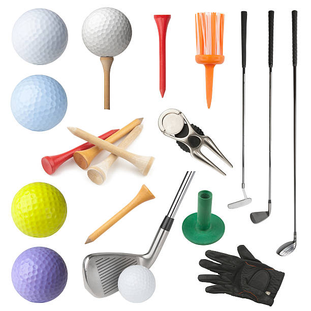 Golf Equipment Set "Set of golf equipment isolated on white background. Collection includes clubs, balls, tees, glove and divot repairing tool with ball marker." golf glove stock pictures, royalty-free photos & images