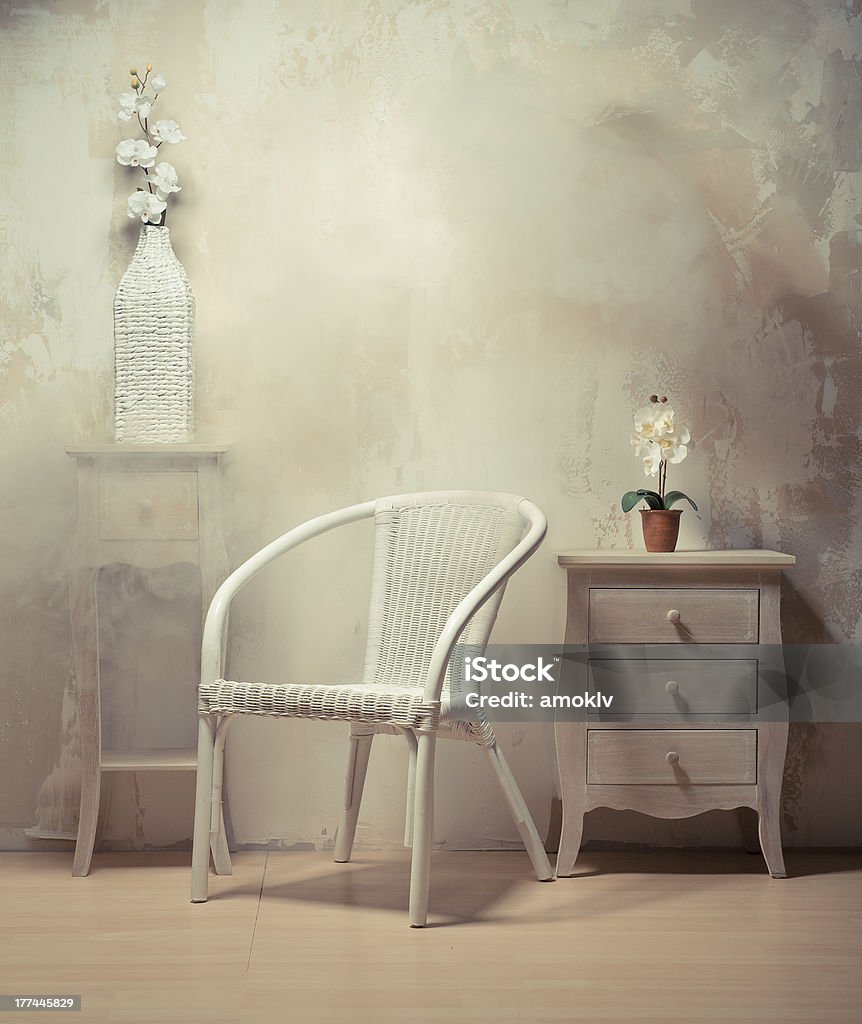 Interior design of room Interior design of room with furniture in beige-white colors Armchair Stock Photo