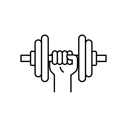 Strong hand lifting up steel dumbbell icon, Gym equipment. Vector illustration.