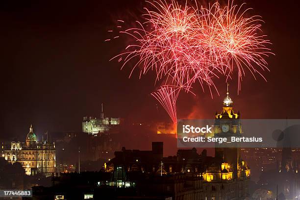 Panoramic Vew On Edinburgh Castle With Fireworks Stock Photo - Download Image Now - Firework Display, Edinburgh - Scotland, Edinburgh Castle