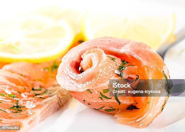 Slices Of Salted Salmon With Lemon On White Stock Photo - Download Image Now - Appetizer, Bread, Brown Bread