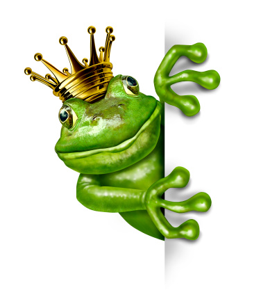 Frog prince with gold crown holding a blank vertical blank sign representing the fairy tale concept of change and transformation from an amphibian to royalty communicating an important message.