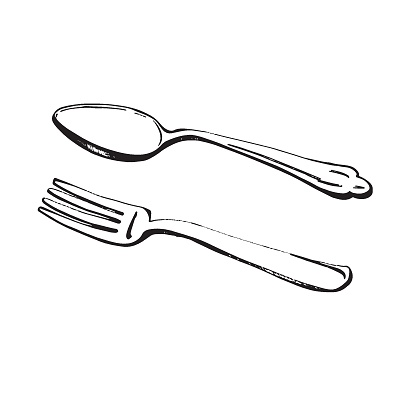 istock Set of vector illustrations. Fork, teaspoon drawn in black in vector on a white background. Suitable for printing on fabric, paper, for creativity, design 1774483751