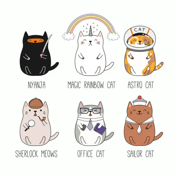 Vector illustration of Set of cute funny cats