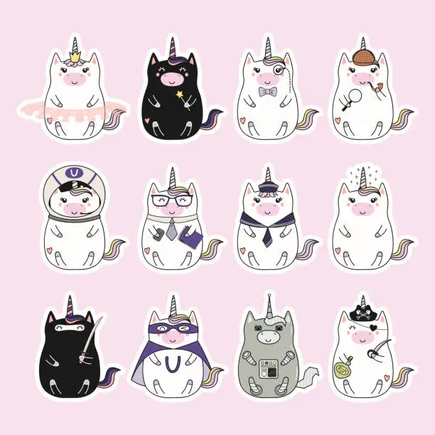 Vector illustration of Kawaii unicorns stickers set