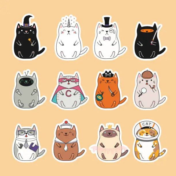 Vector illustration of Kawaii cats stickers set