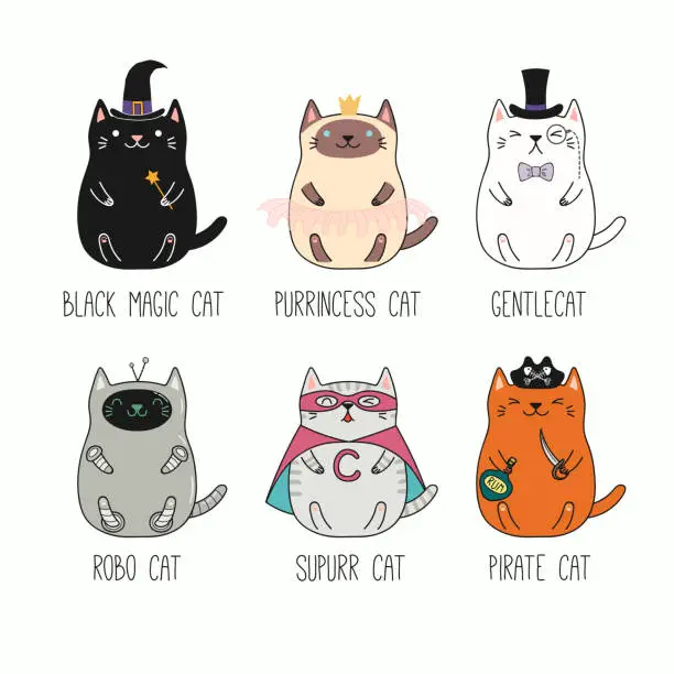 Vector illustration of Set of cute funny cats