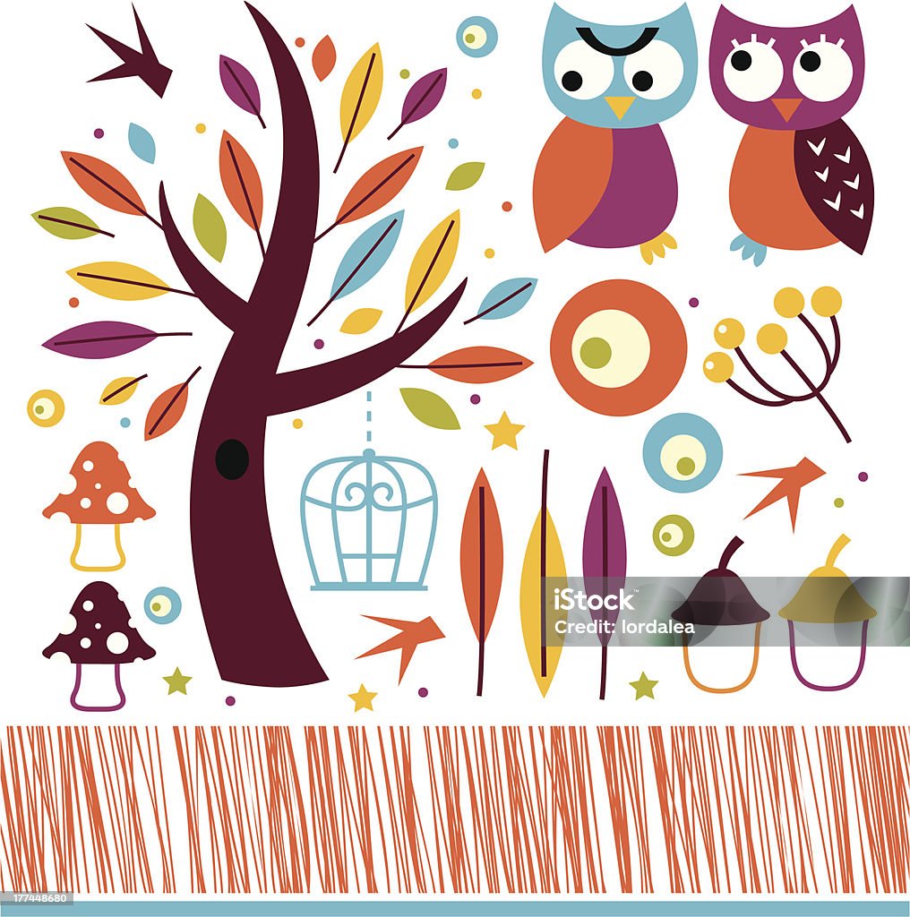Cute autumn owls and design elements isolated on white Retro autumn owls and design elements. Vector Art stock vector