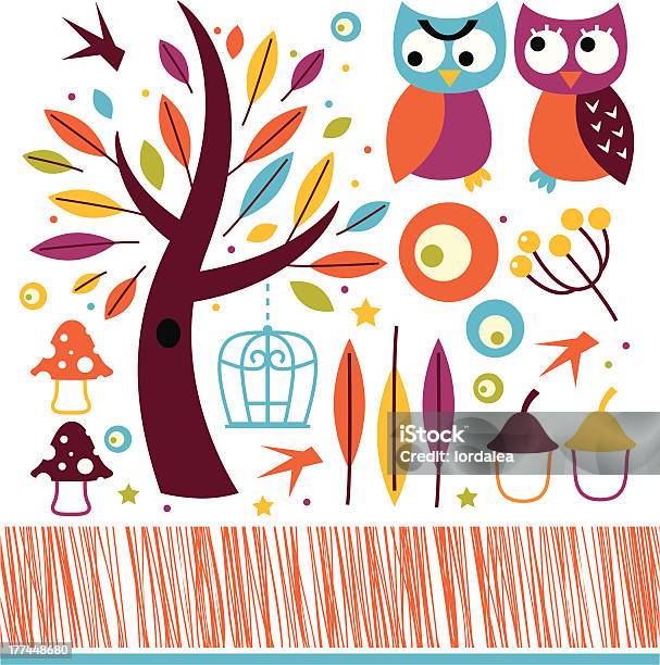 Cute Autumn Owls And Design Elements Isolated On White Stock Illustration - Download Image Now