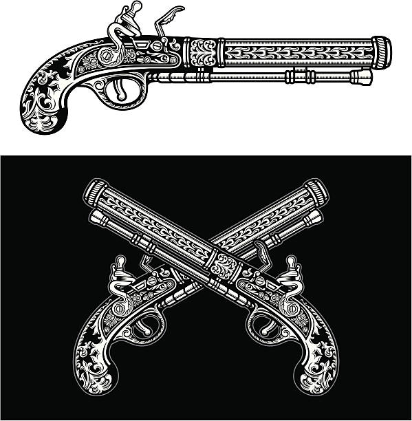Flintlock Antique Pistol fully editable vector illustration of flintlock pistol, suitable for design element, crest, logo, tattoo or print on t-shirt old guns stock illustrations