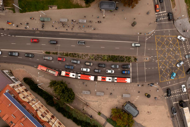 istock Drone photography of high traffic intersection and bus stop with buses 1774498053