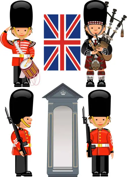 Vector illustration of A Royal Guard drummer Scottish bagpiper