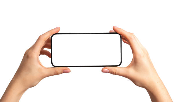 istock Mobile phone display mockup, horizontal smartphone screen in hands, isolated on white 1774507758
