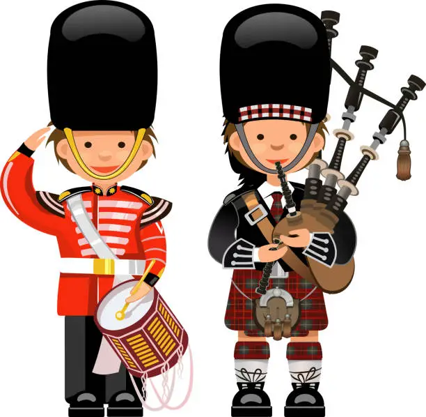 Vector illustration of A Royal Guard drummer Scottish bagpiper