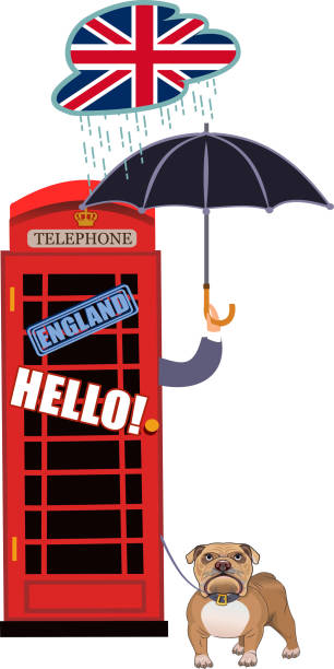 illustrazioni stock, clip art, cartoni animati e icone di tendenza di rosso, gran bretagna, vecchio telefono e ragazzo - telephone booth telephone panoramic red