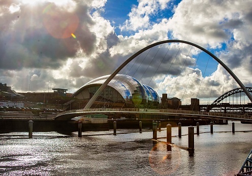 The Sage performing arts center and bridges over the River Tyne between Newcastle-upon-Tyne and Gateshead