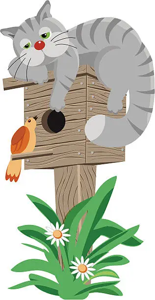 Vector illustration of Gray cat on a birdhouse listens to the song birds