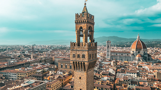 Turin, Italy - July 15, 2013: View from castle square of Palazzo Madama e Casaforte degli Acaja is a palace in Turin, northern Italy. It was the first Senate of the Italian Kingdom, and takes its traditional name from the embellishments it received under two queens (madama) of the House of Savoy.