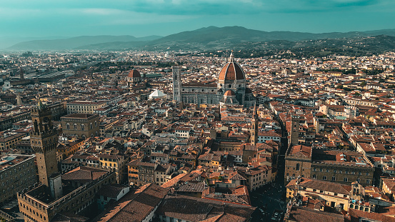 Aerial view of Piazza del Duomo in Florence, Aerial view of Firenze old town and Piazza del Duomo in Florence, Historically and Culturally Rich Italian Town Florence, Firenze - Aerial view of the city of Florence, Popular tourist destination in the world