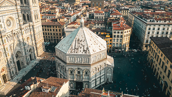 Aerial view of Florence Baptistery, Aerial view of Piazza del Duomo in Florence, Historically and Culturally Rich Italian Town Florence, Firenze - Aerial view of the city of Florence, Popular tourist destination in the world