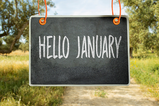 hanging black chalkboard with hello January concept near blur olives trees field